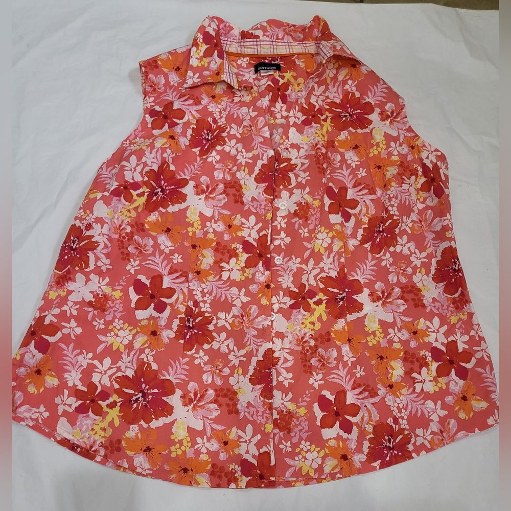 Basic Editions Coral Floral Sleeveless Button-Down Shirt